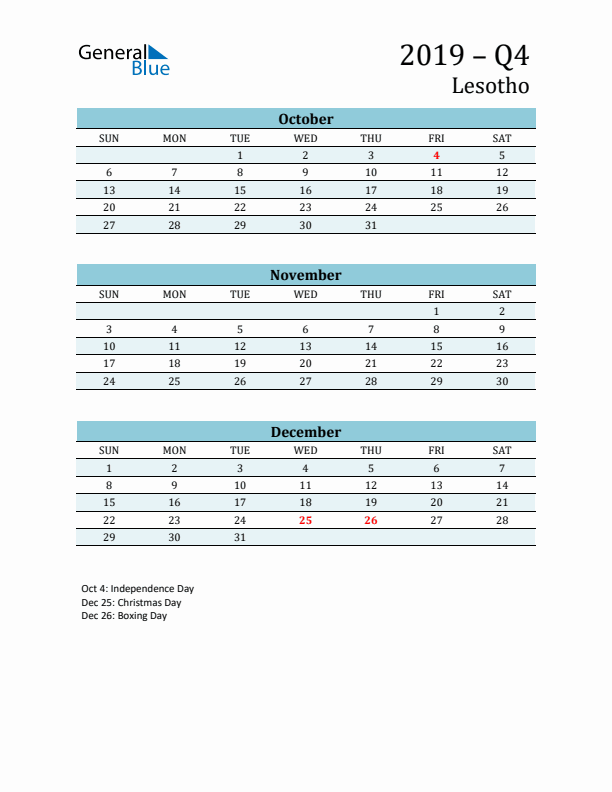 Three-Month Planner for Q4 2019 with Holidays - Lesotho