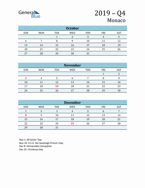 Three-Month Planner for Q4 2019 with Holidays - Monaco