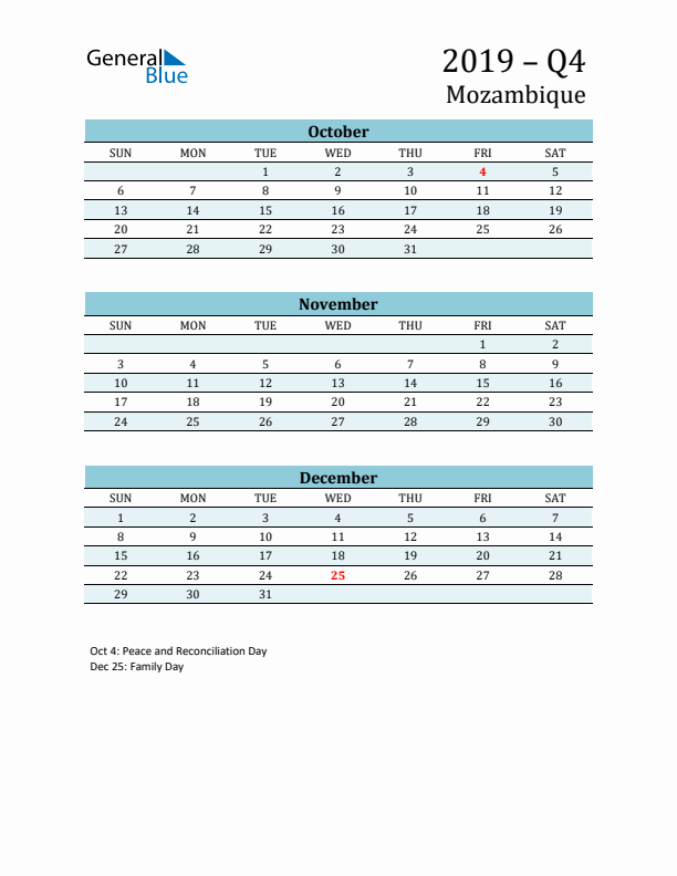 Three-Month Planner for Q4 2019 with Holidays - Mozambique