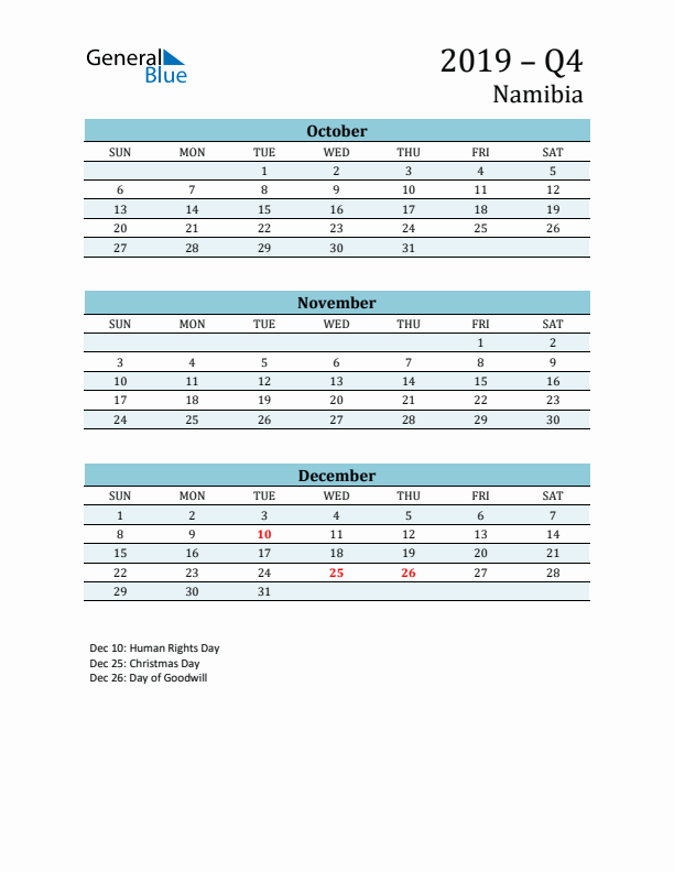 Three-Month Planner for Q4 2019 with Holidays - Namibia