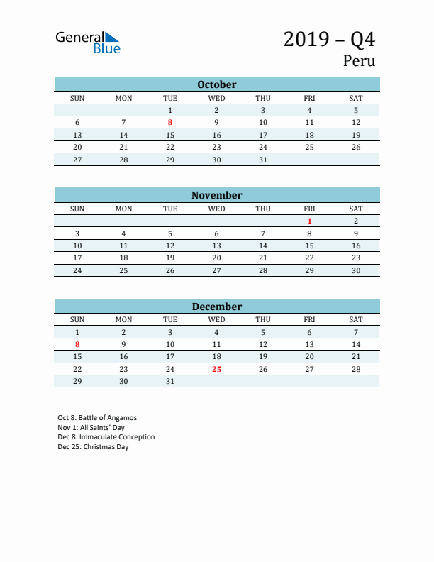 Three-Month Planner for Q4 2019 with Holidays - Peru