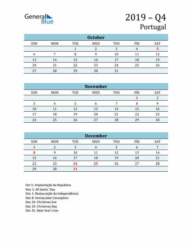 Three-Month Planner for Q4 2019 with Holidays - Portugal