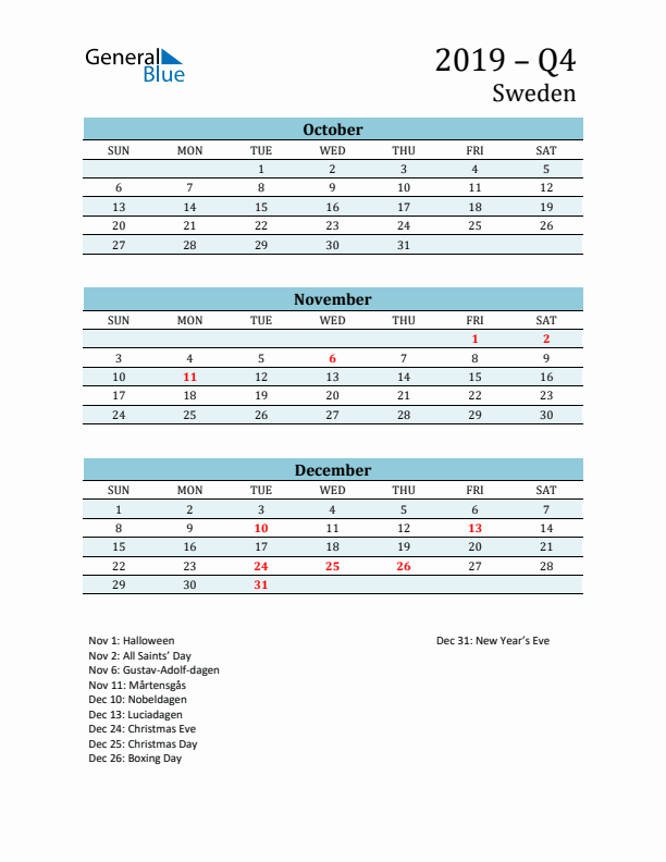 Three-Month Planner for Q4 2019 with Holidays - Sweden