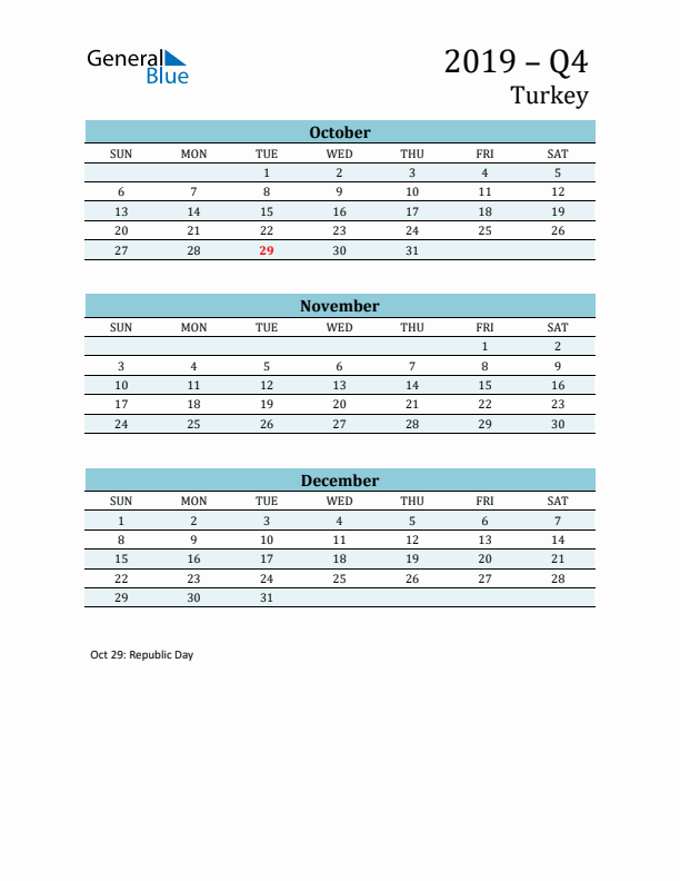 Three-Month Planner for Q4 2019 with Holidays - Turkey