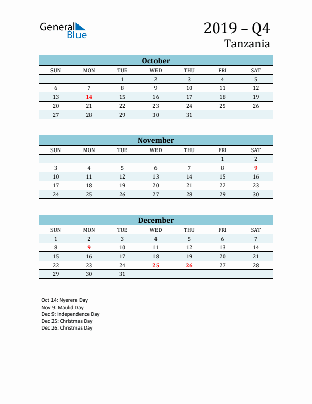 Three-Month Planner for Q4 2019 with Holidays - Tanzania