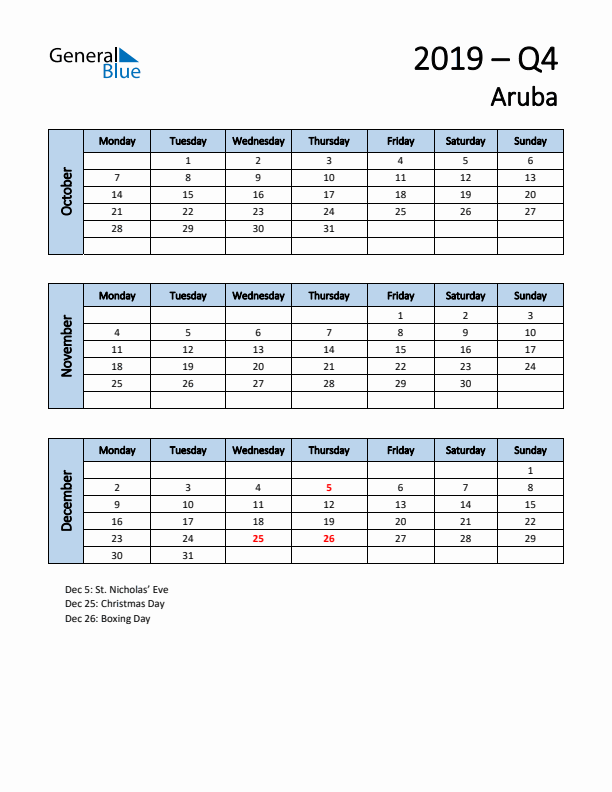 Free Q4 2019 Calendar for Aruba - Monday Start