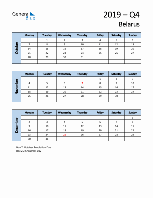 Free Q4 2019 Calendar for Belarus - Monday Start