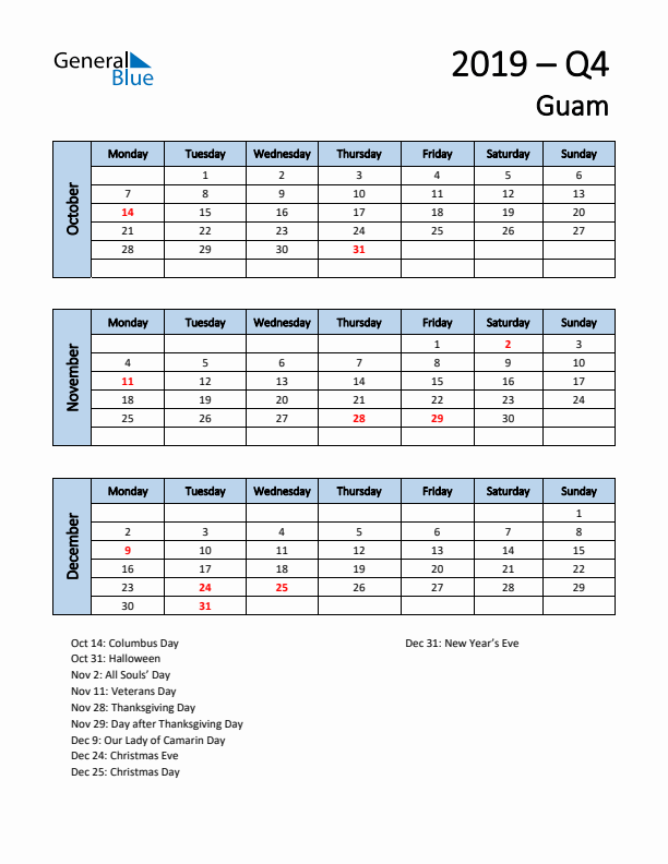 Free Q4 2019 Calendar for Guam - Monday Start