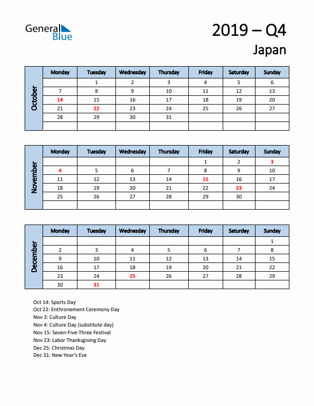 Free Q4 2019 Calendar for Japan - Monday Start