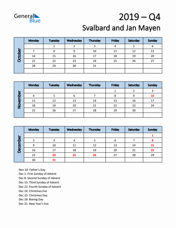 Free Q4 2019 Calendar for Svalbard and Jan Mayen - Monday Start