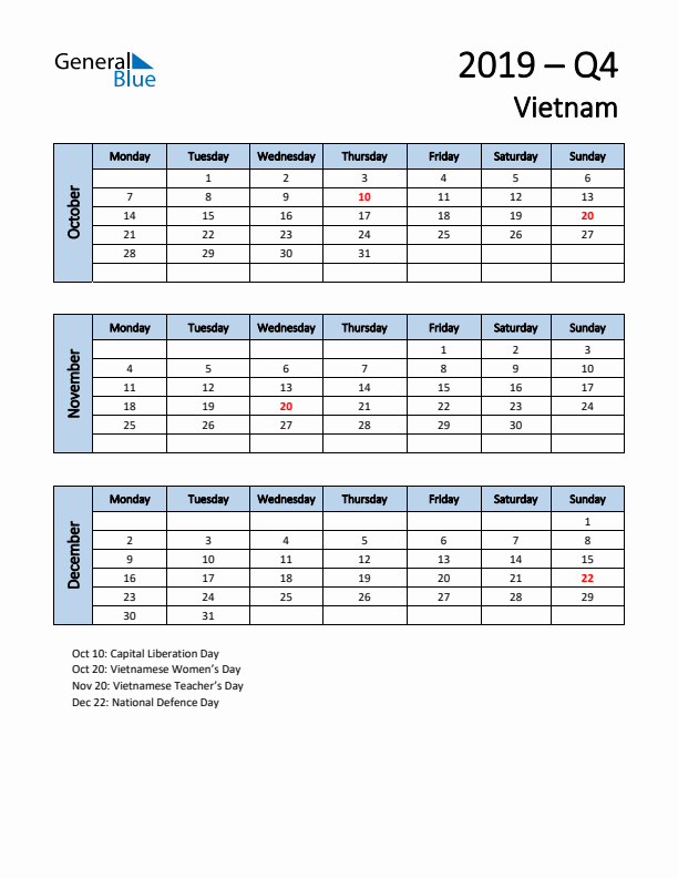 Free Q4 2019 Calendar for Vietnam - Monday Start