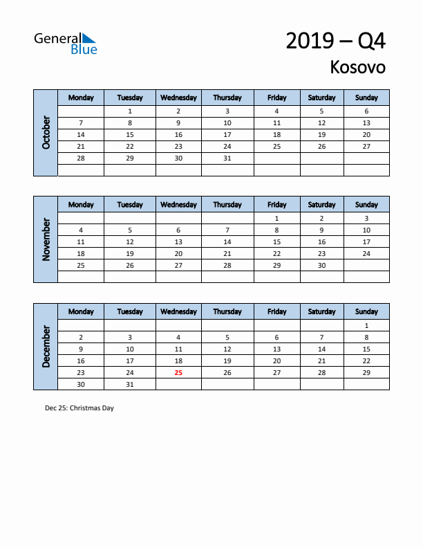 Free Q4 2019 Calendar for Kosovo - Monday Start