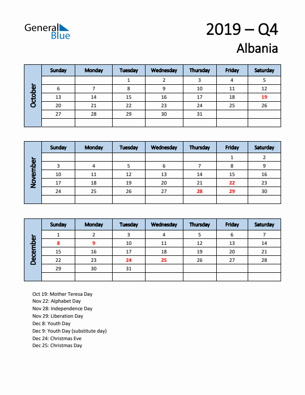 Free Q4 2019 Calendar for Albania - Sunday Start