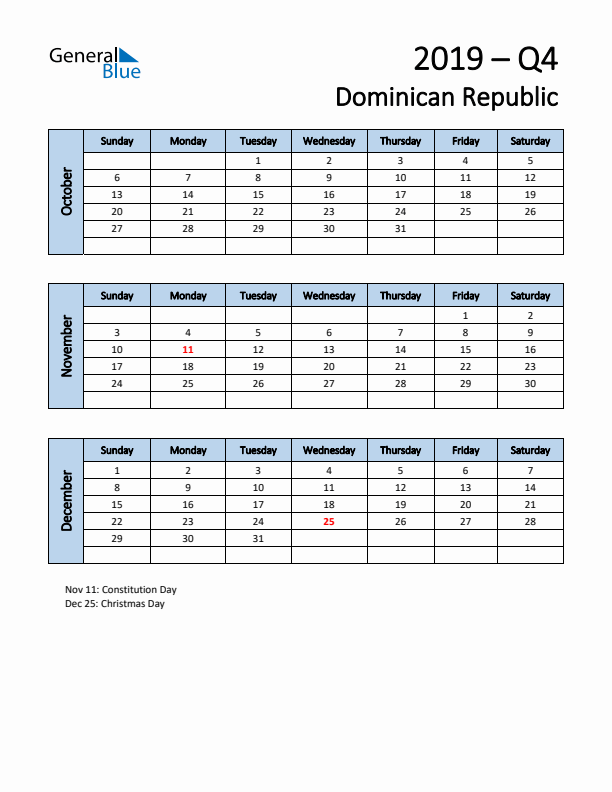 Free Q4 2019 Calendar for Dominican Republic - Sunday Start