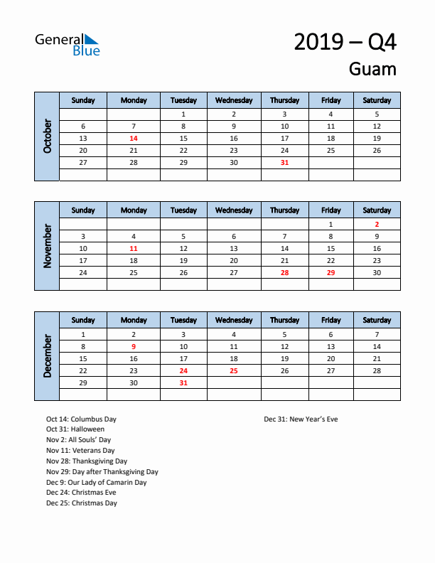 Free Q4 2019 Calendar for Guam - Sunday Start