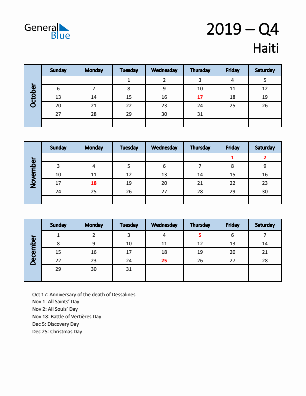 Free Q4 2019 Calendar for Haiti - Sunday Start