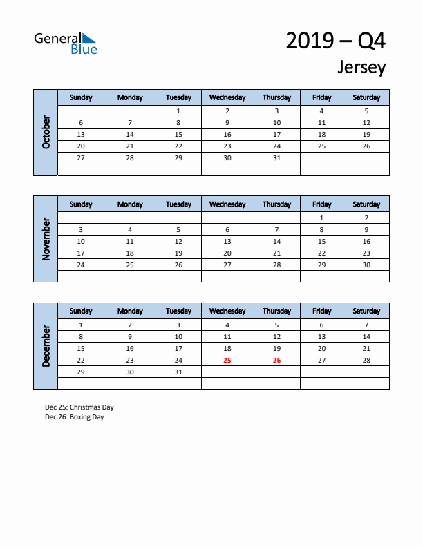 Free Q4 2019 Calendar for Jersey - Sunday Start