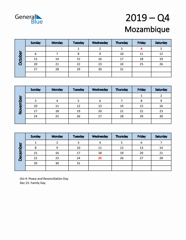 Free Q4 2019 Calendar for Mozambique - Sunday Start