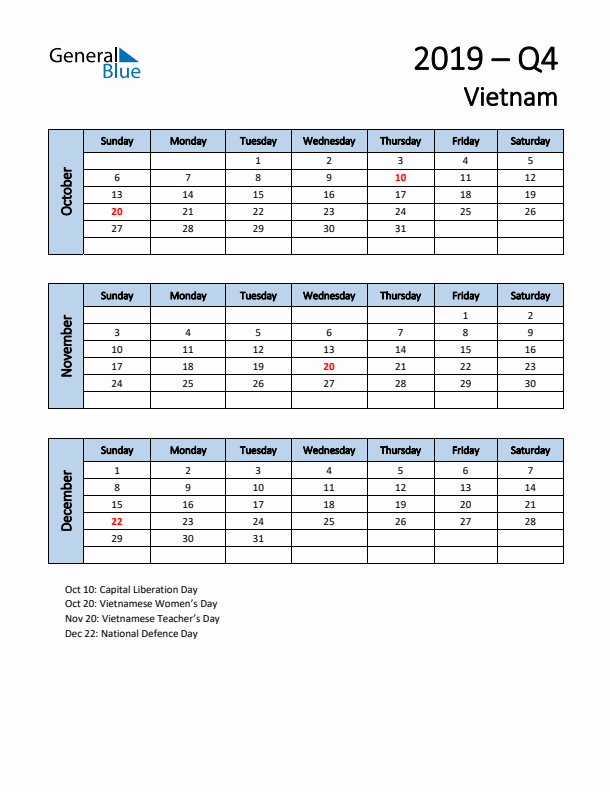 Free Q4 2019 Calendar for Vietnam - Sunday Start