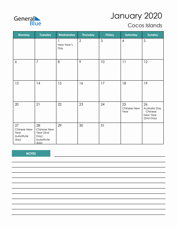 Calendar with Notes Printable - Monday Start