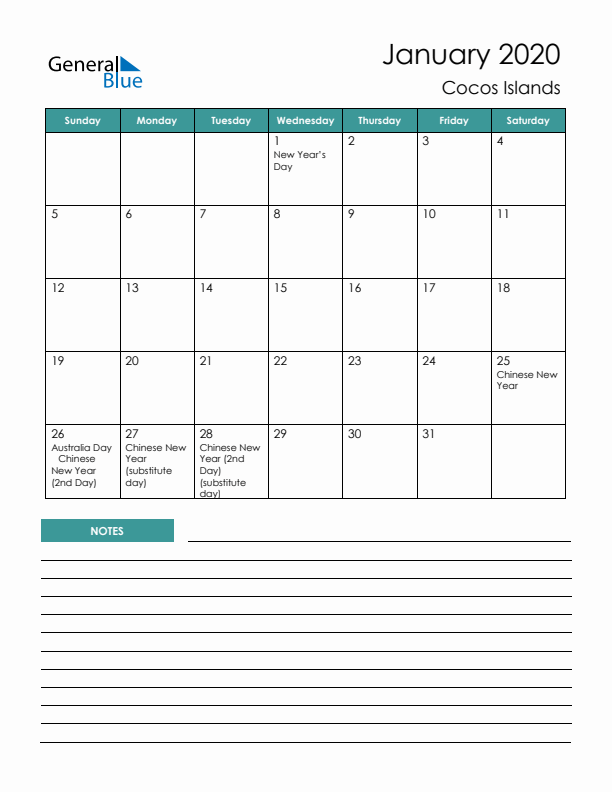 Calendar with Notes Printable - Sunday Start