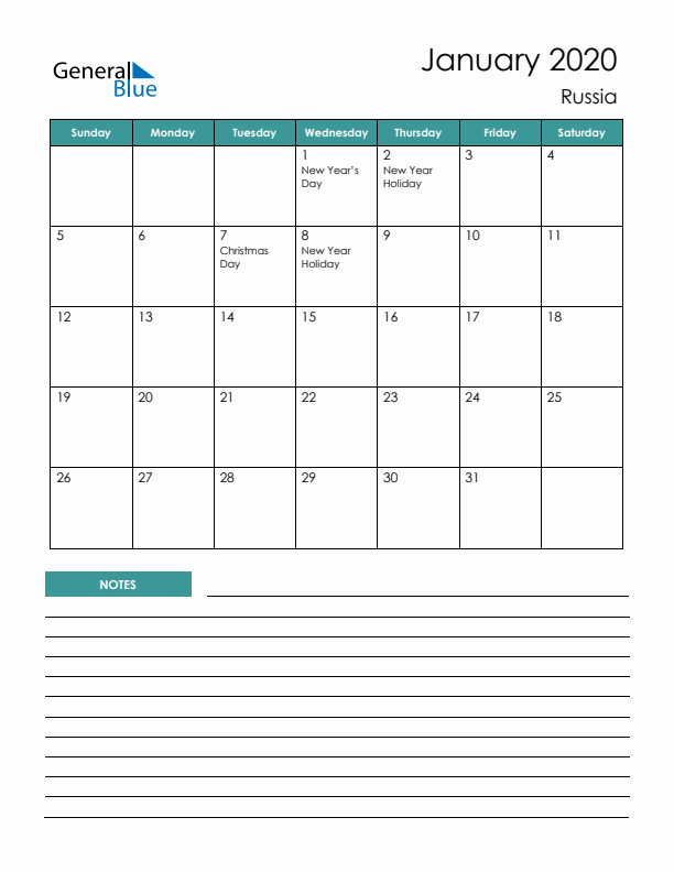 Calendar with Notes Printable - Sunday Start