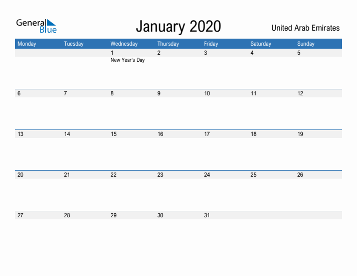 Fillable January 2020 Calendar