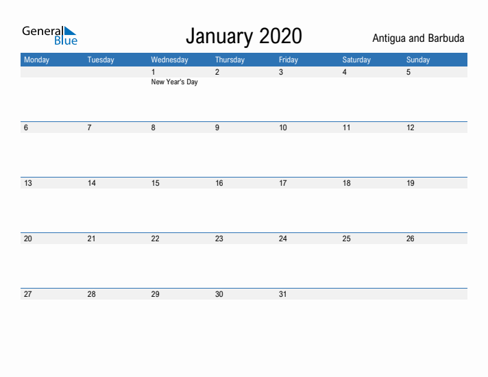 Fillable January 2020 Calendar