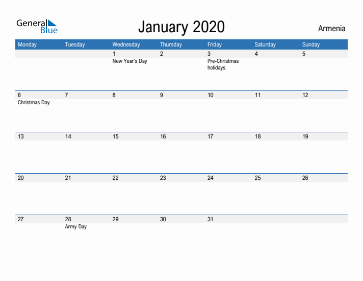 Fillable January 2020 Calendar