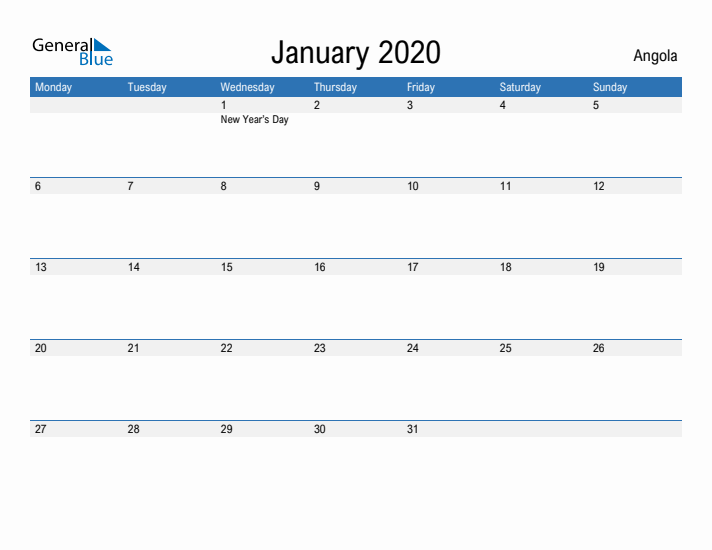 Fillable January 2020 Calendar