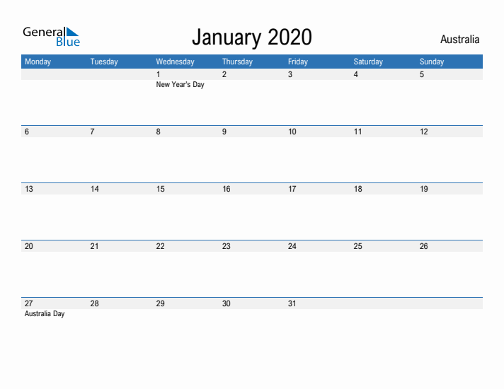 Fillable January 2020 Calendar