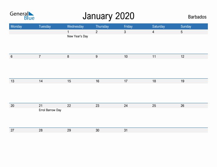 Fillable January 2020 Calendar