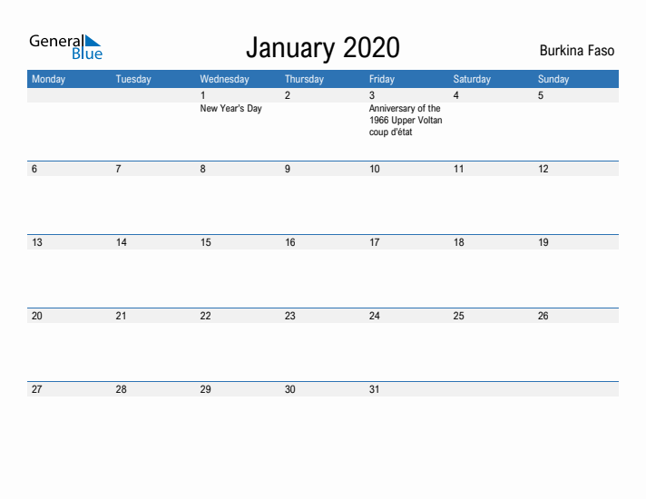 Fillable January 2020 Calendar