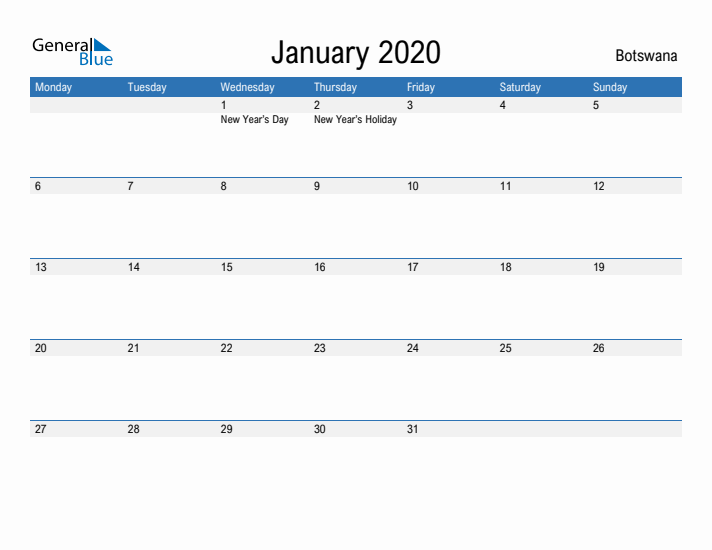 Fillable January 2020 Calendar