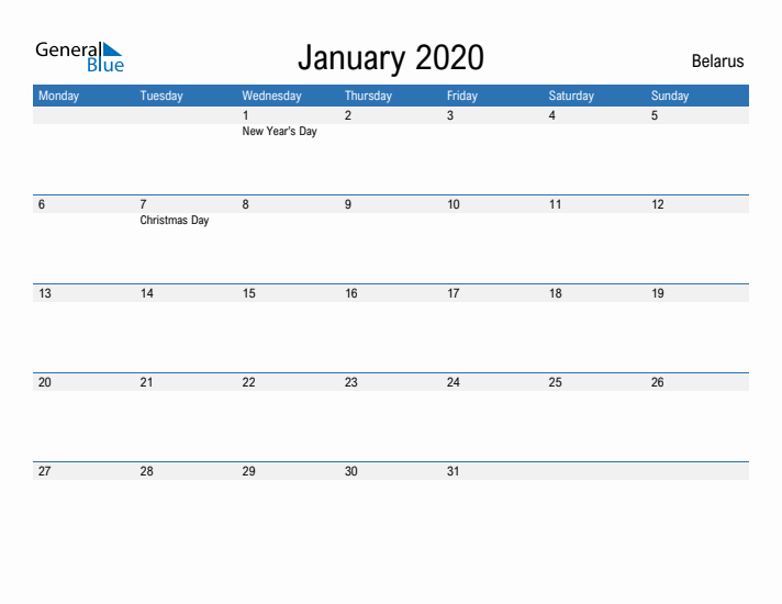 Fillable January 2020 Calendar