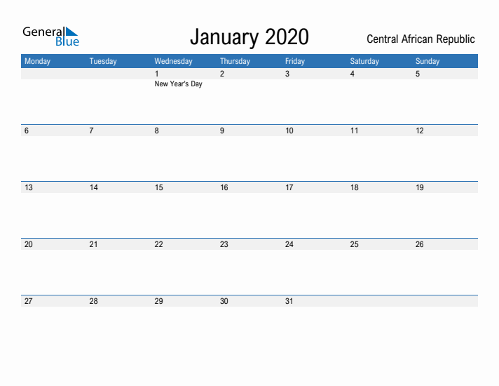 Fillable January 2020 Calendar