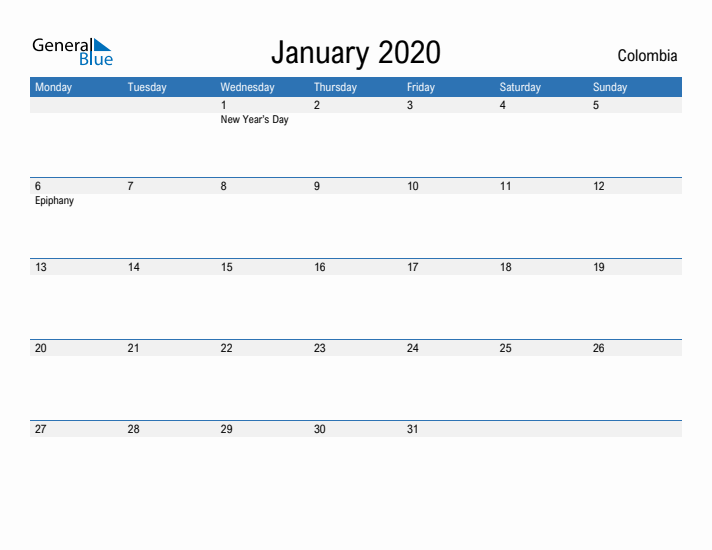 Fillable January 2020 Calendar