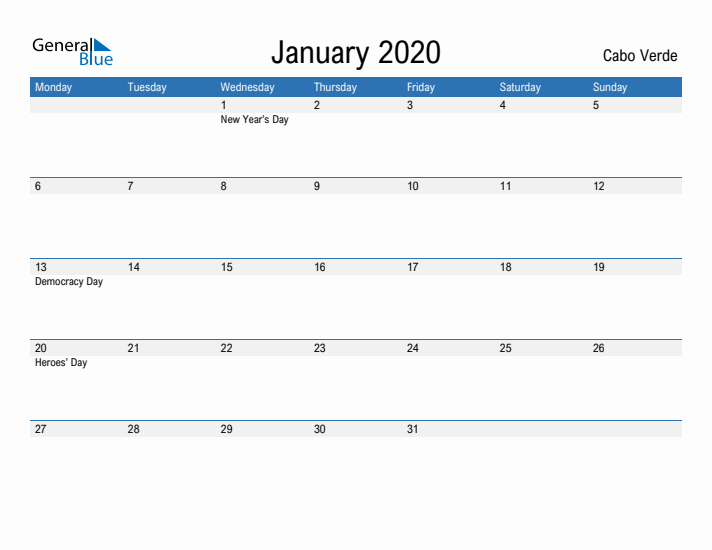 Fillable January 2020 Calendar