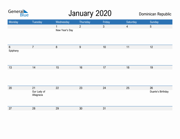 Fillable January 2020 Calendar