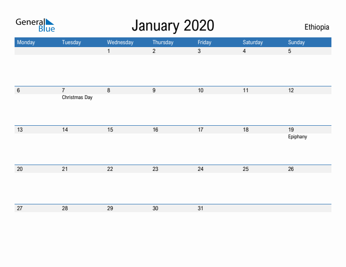 Fillable January 2020 Calendar