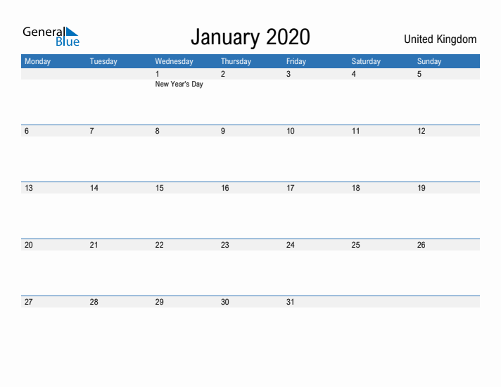 Fillable January 2020 Calendar