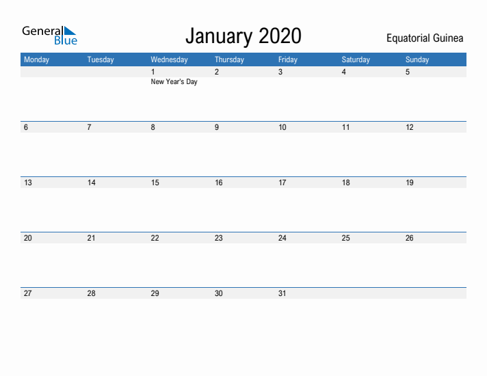 Fillable January 2020 Calendar