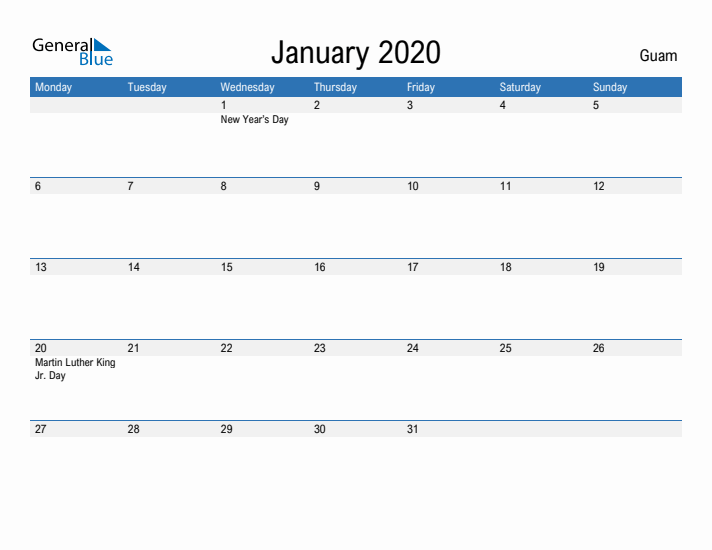 Fillable January 2020 Calendar