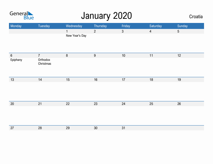 Fillable January 2020 Calendar