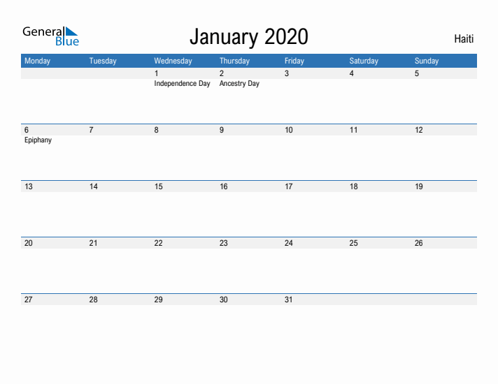 Fillable January 2020 Calendar