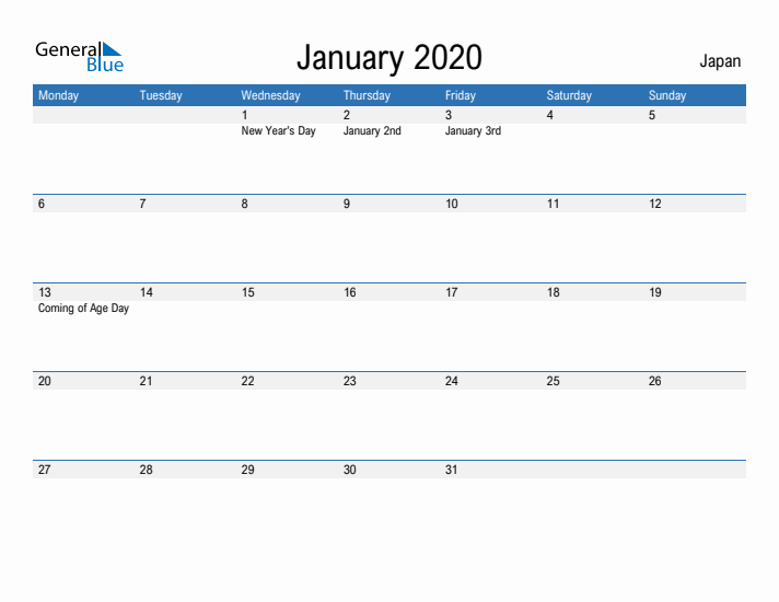 Fillable January 2020 Calendar