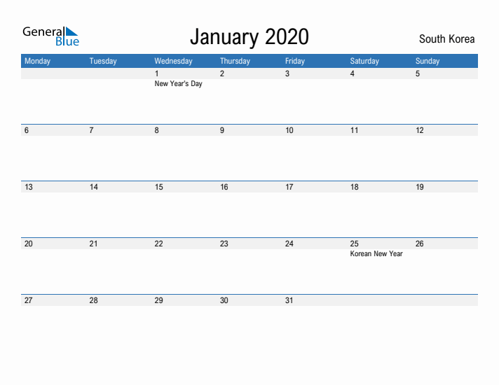 Fillable January 2020 Calendar