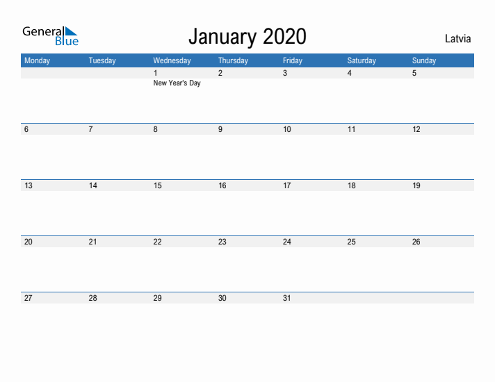 Fillable January 2020 Calendar