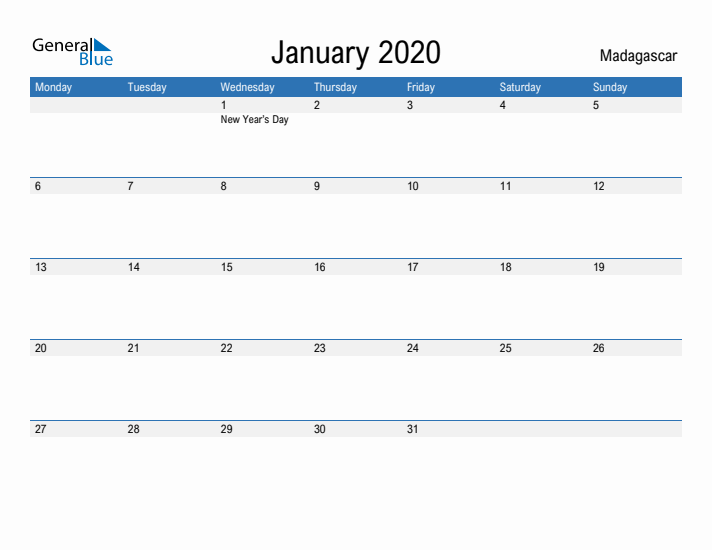 Fillable January 2020 Calendar