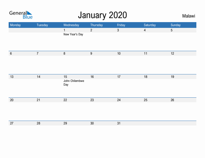 Fillable January 2020 Calendar